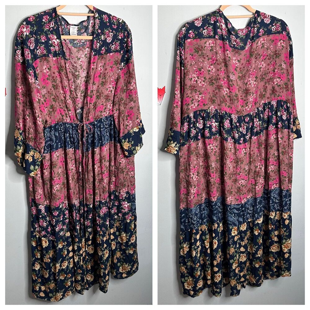 Floral Patch Print Ruffle Duster Maxi Kimono Dusty Rose Navy Plus Size XXL/XXXL
